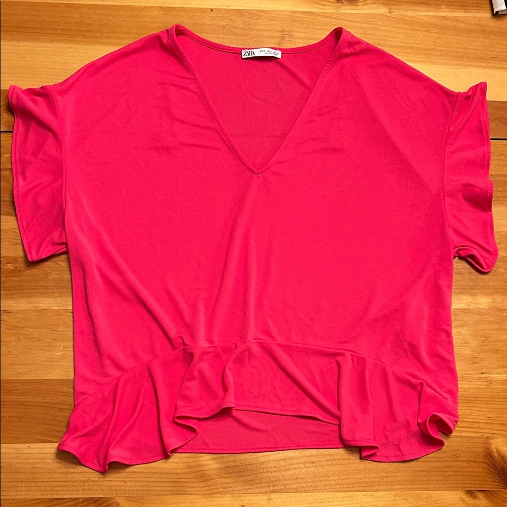 Zara Women's Bright Pink V-Neck Blouse